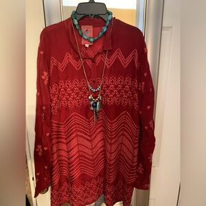 Johnny Was red heavily embroidered Gauze Tunic Romantic Boho top size medium